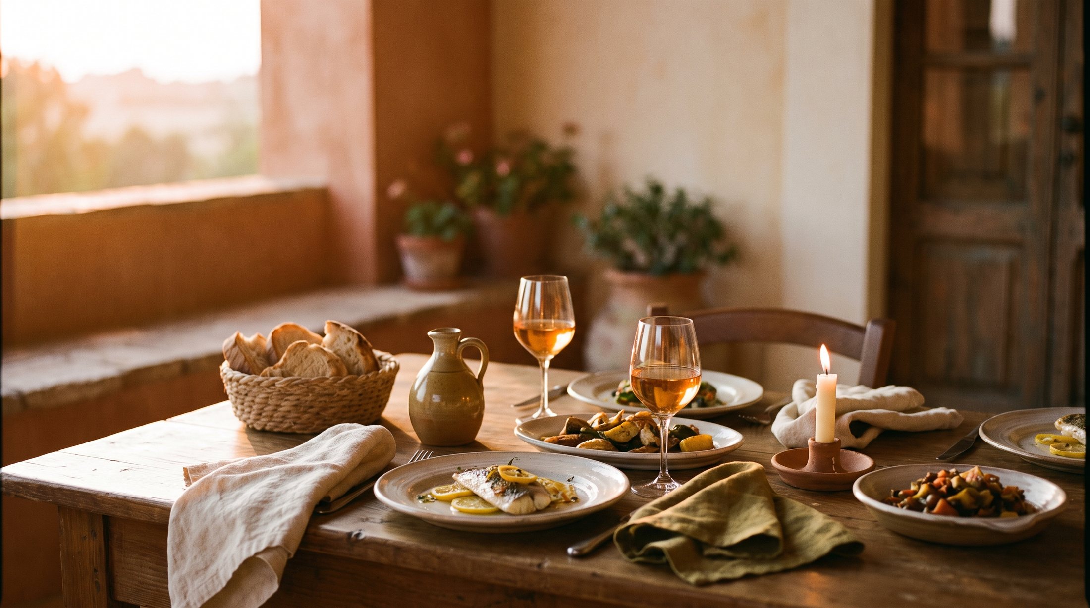 A long Sicilian table set for dinner at sunset on an Ortigia terrace